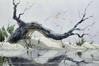 Close-up view of driftwood, grass and seagulls in the painting