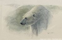 Close-up of painted polar bear head showing brushwork and color palette.