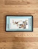 Full view of the framed vintage Asian wall art decor piece featuring shell inlay art of a bird and flowers.