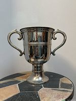 Full view of silver plated trophy style champagne bucket with two handles on pedestal base
