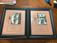 Shows two black-framed pictures of San Xavier del Bac Mission architecture with quotes, detailed view of construction and quote.