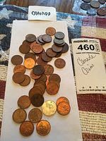Photo showing loose Canadian coins primarily pennies spread out on a surface with a small paper label reading Canada.