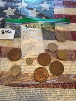 Coins displayed loosely inside a clear plastic ziplock bag along with the bag itself labeled with handwritten text "NZ all coins." Coins vary in size, material and design.