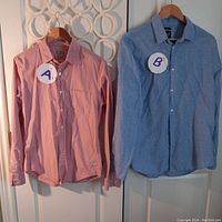 Photo of two men's dress shirts on hangers, pink J.Crew cotton shirt and light blue GAP linen shirt, tagged A and B respectively, hanging against a white decorative background.