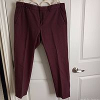 Maroon colored men's dress pants hanging on hanger against white door. Shows front view with belt loops, side pockets, and straight legs.