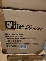 Box label showing Elite Bistro branding by Maxi-Matic with product model EPC-414BL and specifications.