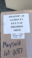 Top label of the box showing AirJacket branding, size 8.5 x 11.25 inches, quantity 100.