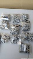 Overview of 11 plastic bags with various LEGO pieces, labeled with part numbers and quantities, laid out on a white surface