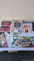 Photo showing 6 books / graphic novels arranged on a table against a wall, including Star Wars, Angel graphic novels, Batman, and other titles.