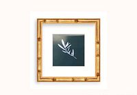 Small square olive branch print in a golden bamboo style frame with white matte. The artwork is centered and the frame mimics bamboo with carved nodes.
