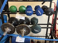 Photo showing multiple weights including green 3-pound weight balls, blue Ivanko dumbbells marked 7 pounds, a black Ivanko dumbbell marked 13 pounds, and metal dumbbell plates on a rod.
