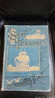 Front cover of the blue hardcover book titled 'Sea Pictures' featuring a sailing ship and sea elements drawn in gold and black ink. Shows title and artist medium 'Drawn with Pen & Pencil'.