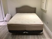 Full view of queen size bed set including upholstered headboard, mattress, box spring, and steel frame.