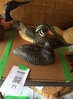 Photo of two duck decoys on table showing details and paint