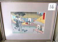 Framed Japanese woodblock print showing the full artwork and frame with a label number 16.