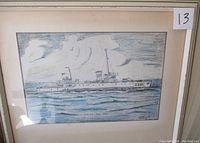 Framed pencil and crayon drawing of the HMCS Port Hope as viewed from the side, showing ship number and ocean scene.
