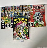 Run of Marvel Vision and The Scarlet Witch comics issues 1-10 showing cover front of each, arranged in ascending order left to right. A single issue is placed in front of the run to show detailed cover art.