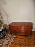Full view of the wooden chest against a wall with adjacent rug and furniture showing general shape and wood finish.