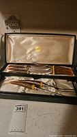 Closed case containing six steak knives and one carving fork with Inland brand antler-style handles and satin lining