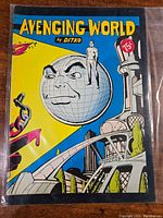 Front cover of Avenging World comic book showing globe with face, small man, and futuristic cityscape on blue and yellow background.
