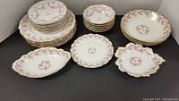 Full set of Limoges china including dinner plates, side plates, bowls, small plates, and candy dishes arranged together.