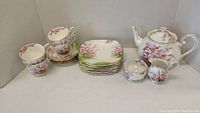 Overall view of all pieces: cups, saucers, side plates, teapot, sugar bowl, creamer