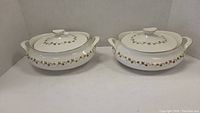 Two large Royal Doulton casserole dishes with lids in Citadel pattern, white background, front view showing handles and gold leaf design.