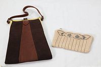 Two vintage handbags, one velvet handbag with leather strap, and one fully beaded clutch purse
