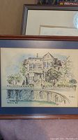 Framed print signed Jean Davis showing a historic house and a stone bridge labeled 'Pawleys S.C.'