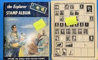 Front cover of one Explorer Stamp Album featuring an illustrated explorer figure and a postage stamp graphic, with a label showing lot number