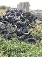 Large mound of used tires outdoors, showing a mix of motorcycle and car tires stacked on ground with surrounding grass and concrete wall.
