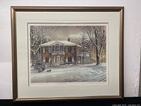 Full view of framed print showing winter colonial house scene and frame condition