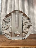 Front view of glass vase showing the rounded shape, clear textured sides flanking a frosted vertical strip with circular indentation near the base.