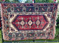 Front view of area rug hanging to show entire design.