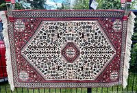 Front view of the Persian wool area rug hanging showing overall design and colors.