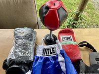 Photo showing all items in the lot: two pairs of boxing gloves, boxing shorts, punching bag, and kidney belt on a wooden surface outdoors.