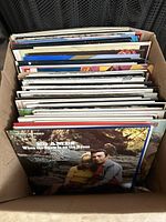 Overhead view of a large collection of vintage vinyl records in a box, showing Ed Ames album cover in front.