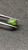 Close-up of oval cabochon Ethiopian black opal showing green and red color flashes on black background held by tweezers