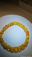 Front and side views of natural golden Baltic amber chunky bead bracelet laid flat in a circular shape. Shows smooth, polished beads with warm honey tone and translucency.