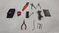Overview of all items showing pliers, wrenches, hex keys and multi-tools arranged on a white fabric background.