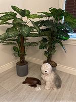Photo showing two artificial plants in pots, wooden turtle figurine and ceramic sheepdog figurine on tiled floor near window.