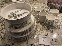 Stacked dinnerware set showing dinner, luncheon, dessert plates and a bowl, with four mugs with botanical floral patterns on granite counter.