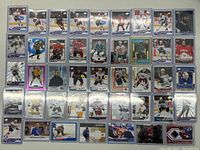 Full overview image showing 44 NHL hockey cards in individual protective sleeves arranged in rows on a flat surface.