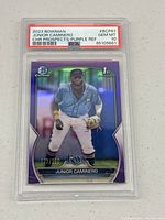 Front view of the 2023 Bowman Junior Caminero Purple Refractor PSA graded 10 card in protective plastic slab.