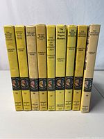 Spine view of 9 vintage Nancy Drew books showing titles and series numbers.