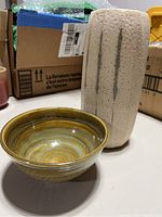 Photo showing both the pottery bowl and tall beige vase side by side on a surface with background shipping boxes.