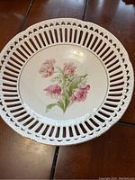 Top view of the vintage Bavarian reticulated fruit bowl showing the intricate rim and floral center design.