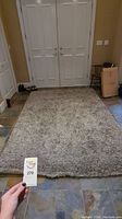 Full view of the beige and brown thick pile rug placed on tiled floor in an entryway with double doors visible.