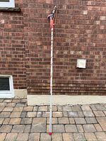 Full view of the extendable pole pruner, showing the full length of the silver telescoping pole with red locking collars and the cutting head at the top.