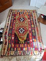 Full view of rectangular rug laid on carpeted floor showing central medallion and border pattern in red, olive, black, yellow and white.